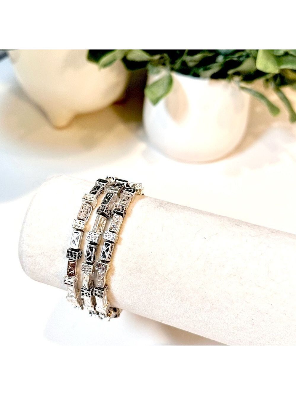 CHICO’s Ethnic Rectangle Engraved Bead Triple Strand Elastic Bracelet NW…